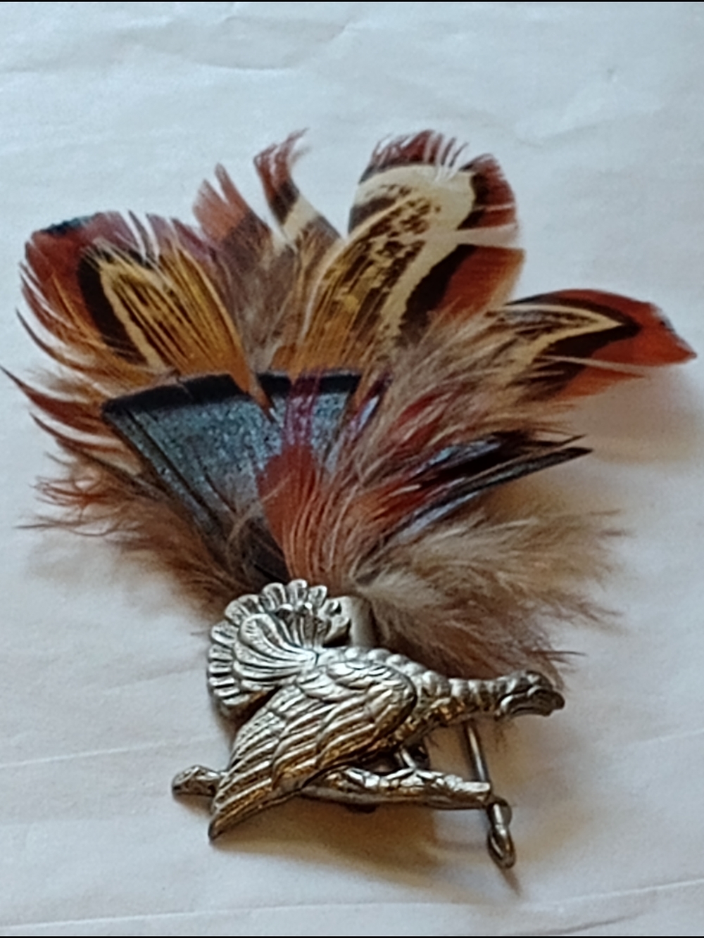 Feather & Silver-Tone Geschutzt Pin.  Turkey Brooch with Brown and Rust Feathers